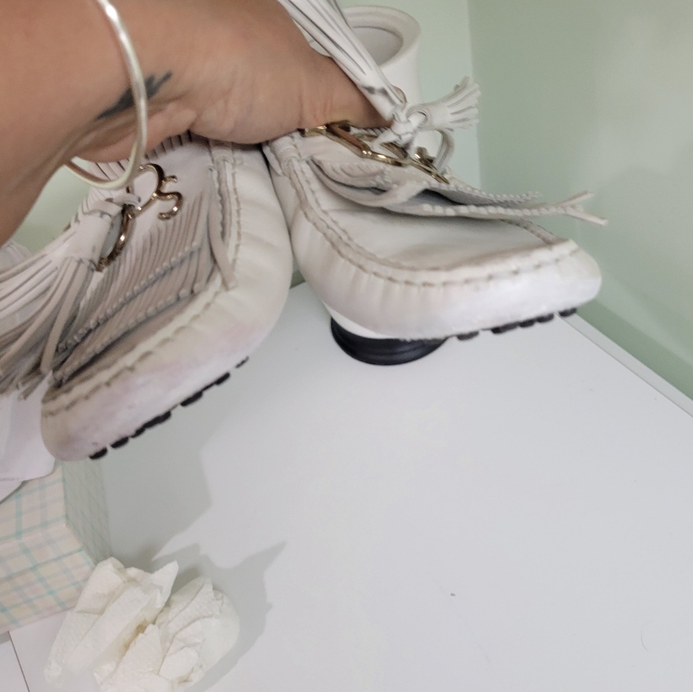 Tod's Italy Made 37 7 White Leather Tassel Driving Moccasins Flats Shoes - Picture 6 of 15